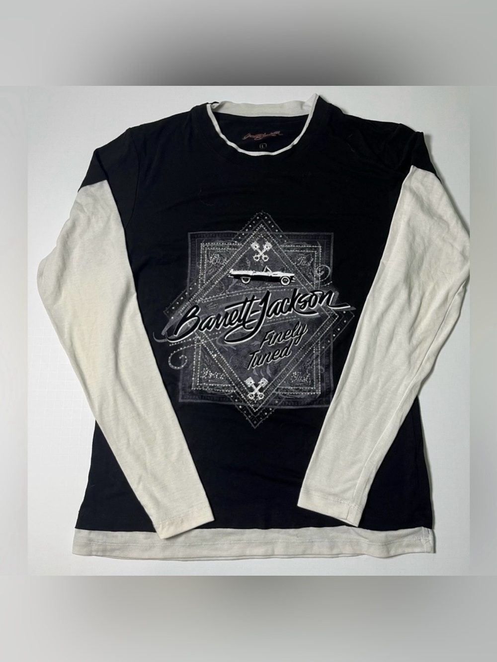 Vintage Barrett Jackson Graphic Layered Long Sleeve Tee Y2K Biker Moto Streetwea